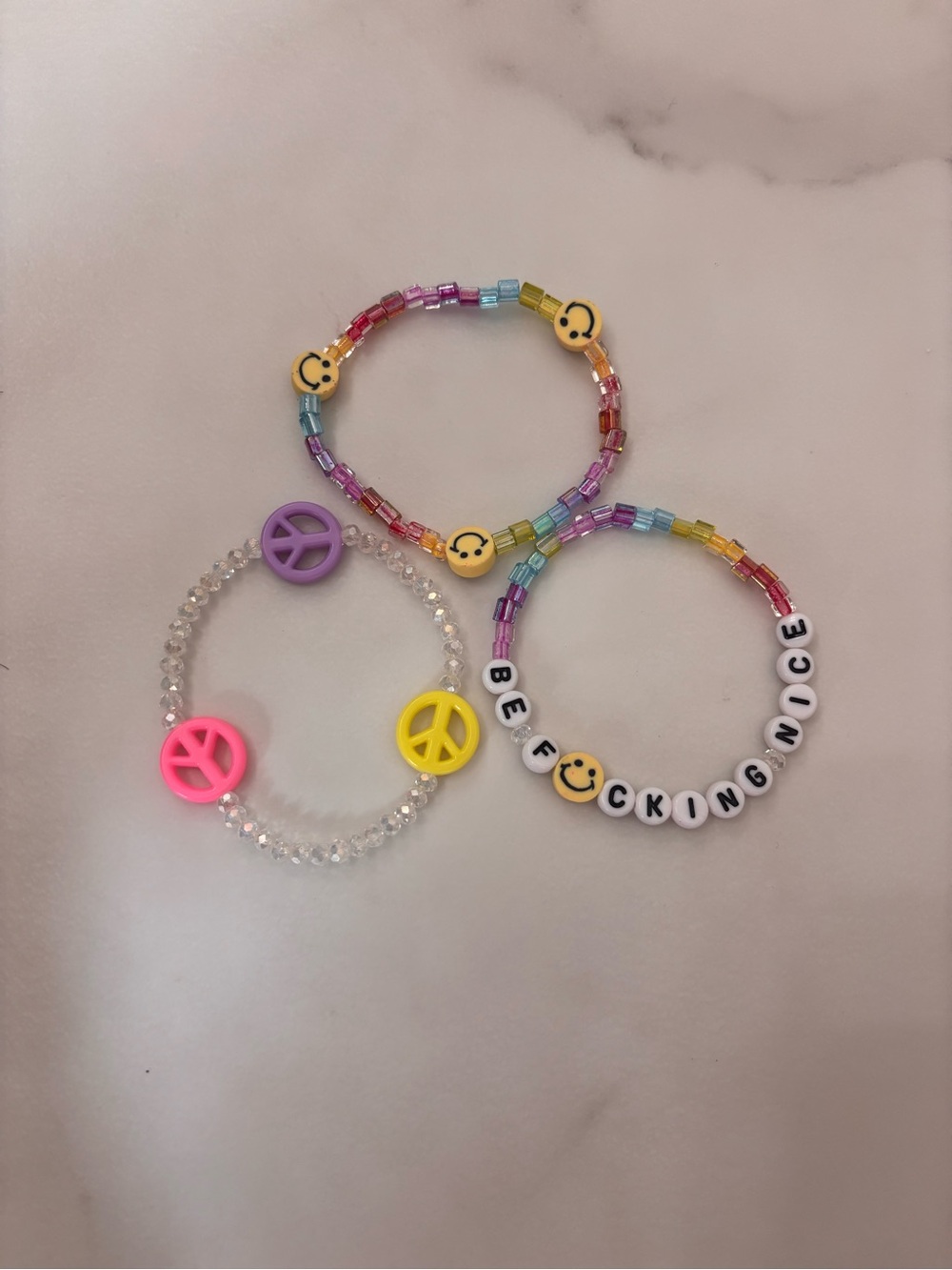 Rainbow Beaded Smile & Peace Bracelet Trio - Multicolor